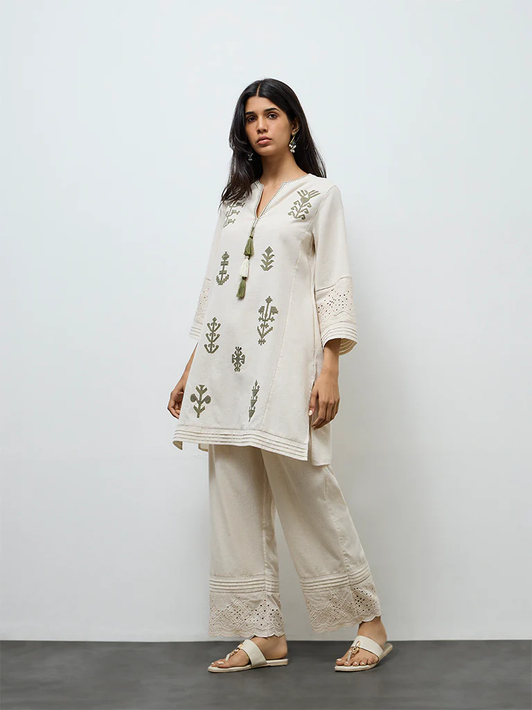 Utsa Off-White Eyelet Embroidered Cotton Pants - Image 2