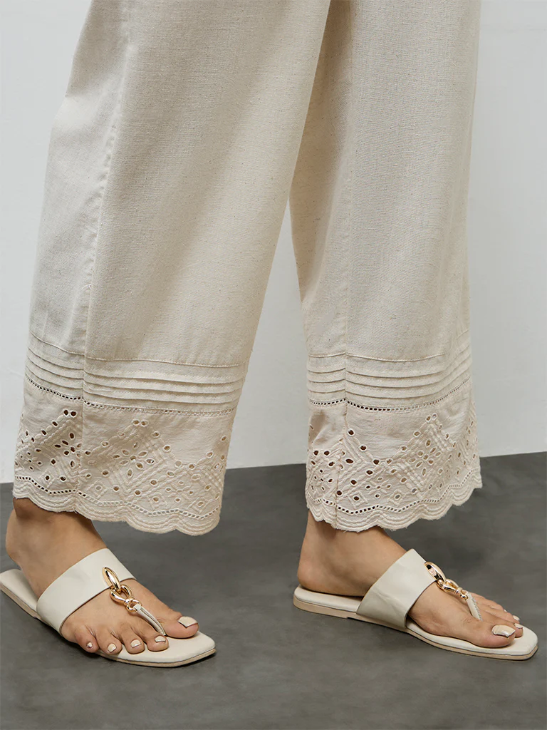 Utsa Off-White Eyelet Embroidered Cotton Pants - Image 3