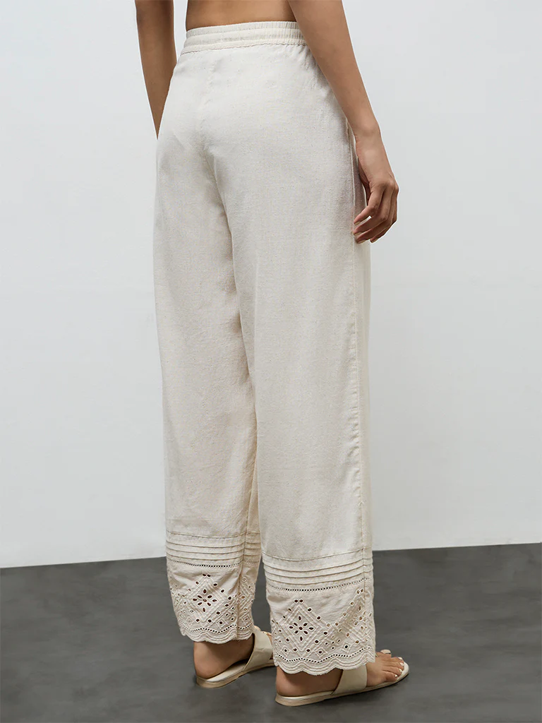 Utsa Off-White Eyelet Embroidered Cotton Pants - Image 4