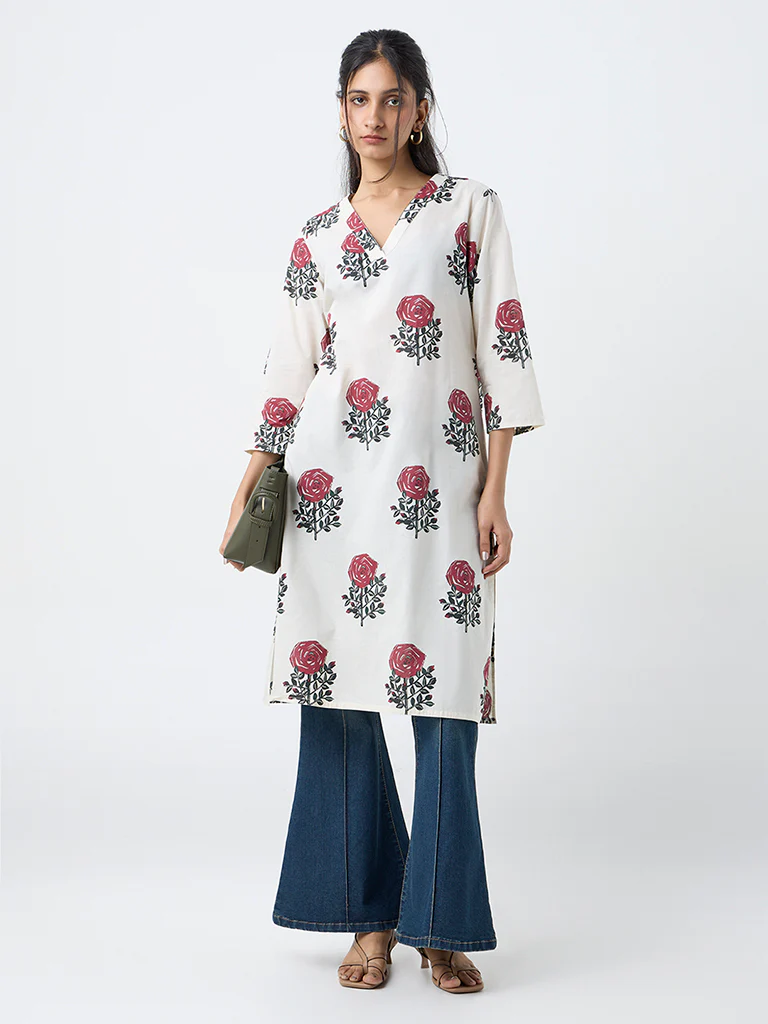 Utsa Off-White Floral Butta Print Cotton Straight Kurta - Image 2
