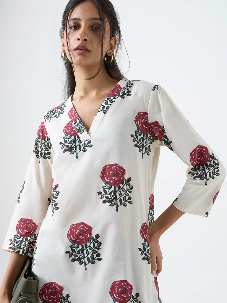 Utsa Off-White Floral Butta Print Cotton Straight Kurta - Image 3