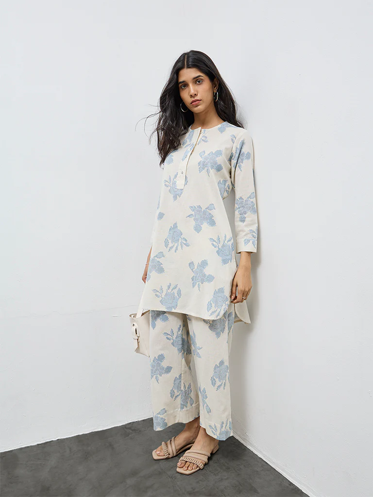 Utsa Off-White Floral Cotton-Blend Tunic - Image 2