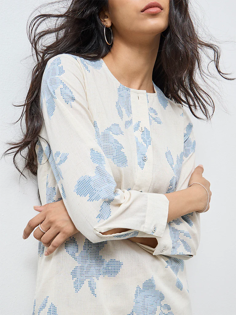 Utsa Off-White Floral Cotton-Blend Tunic - Image 3