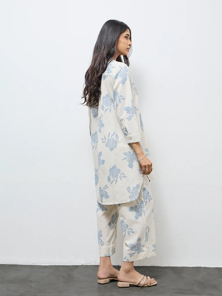 Utsa Off-White Floral Cotton-Blend Tunic - Image 4