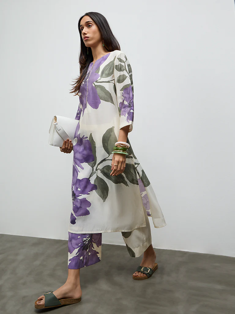 Utsa Off-White Floral Design A-Line Kurta - Image 2