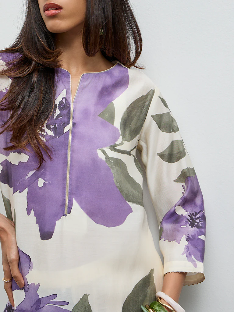 Utsa Off-White Floral Design A-Line Kurta - Image 3