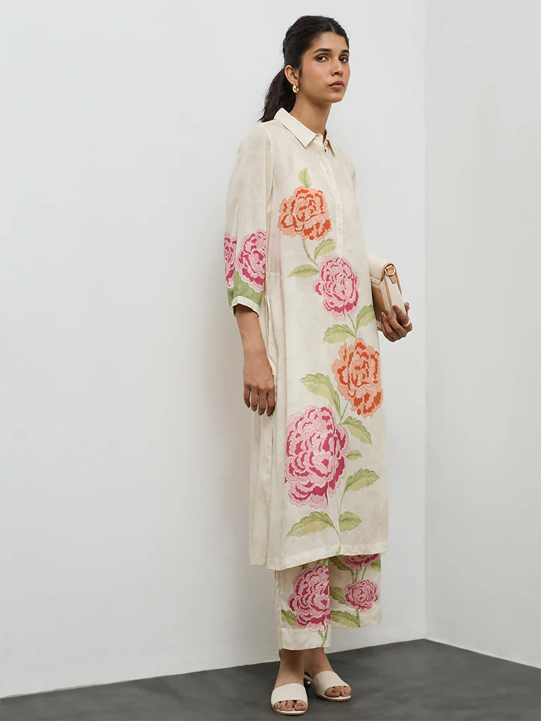 Utsa Off-White Floral Design A-Line Kurta - Image 2
