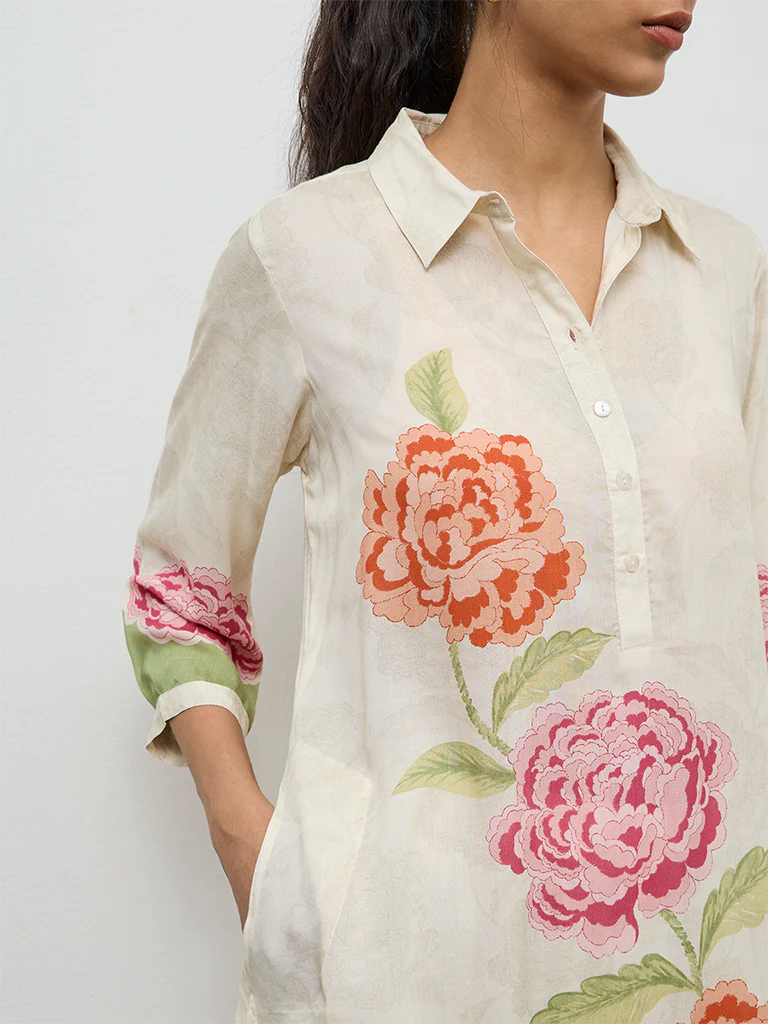 Utsa Off-White Floral Design A-Line Kurta - Image 3