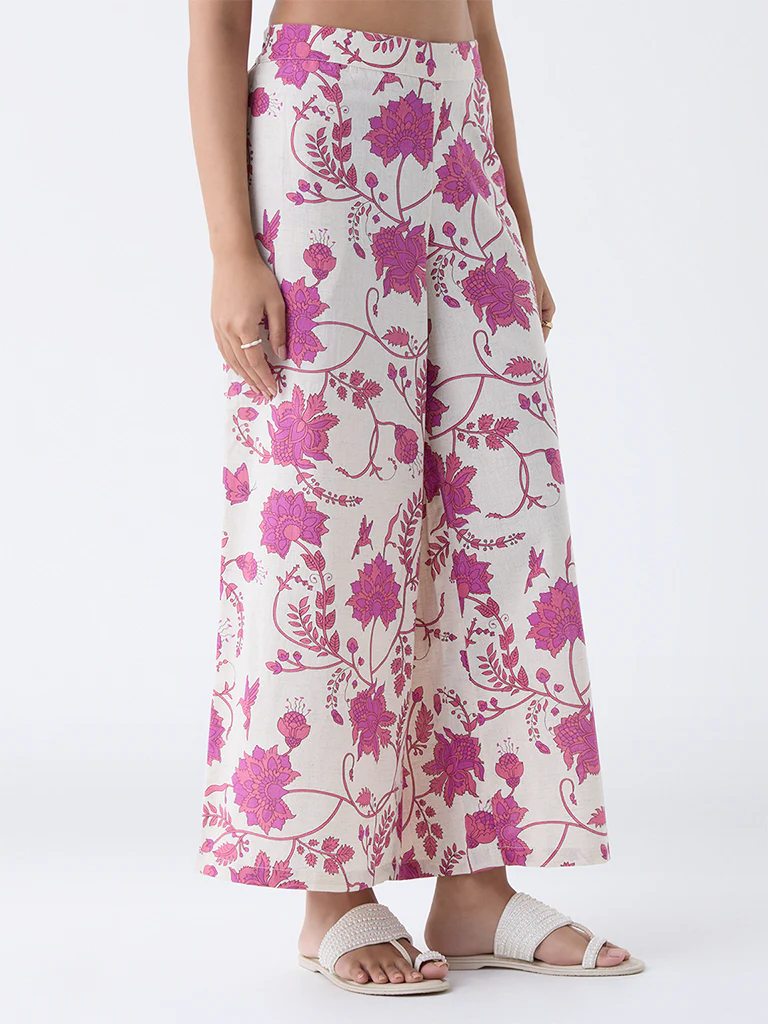 Utsa Off-White Floral Design Cotton-Blend Palazzos