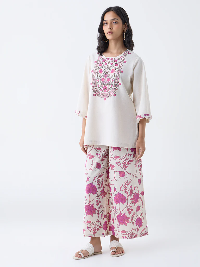 Utsa Off-White Floral Design Cotton-Blend Palazzos - Image 2