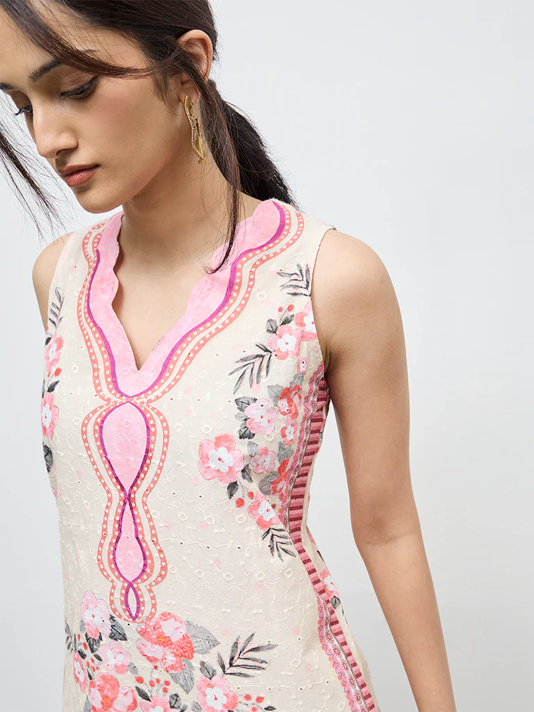 Utsa Off-White Floral Design Cotton Straight Kurta - Image 3