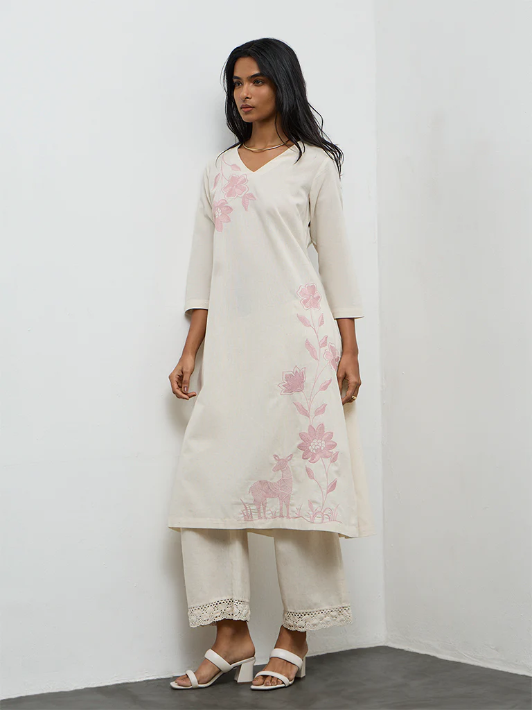 Utsa Off-White Floral Embroidered A-Line Cotton-Blend Kurta - Image 2