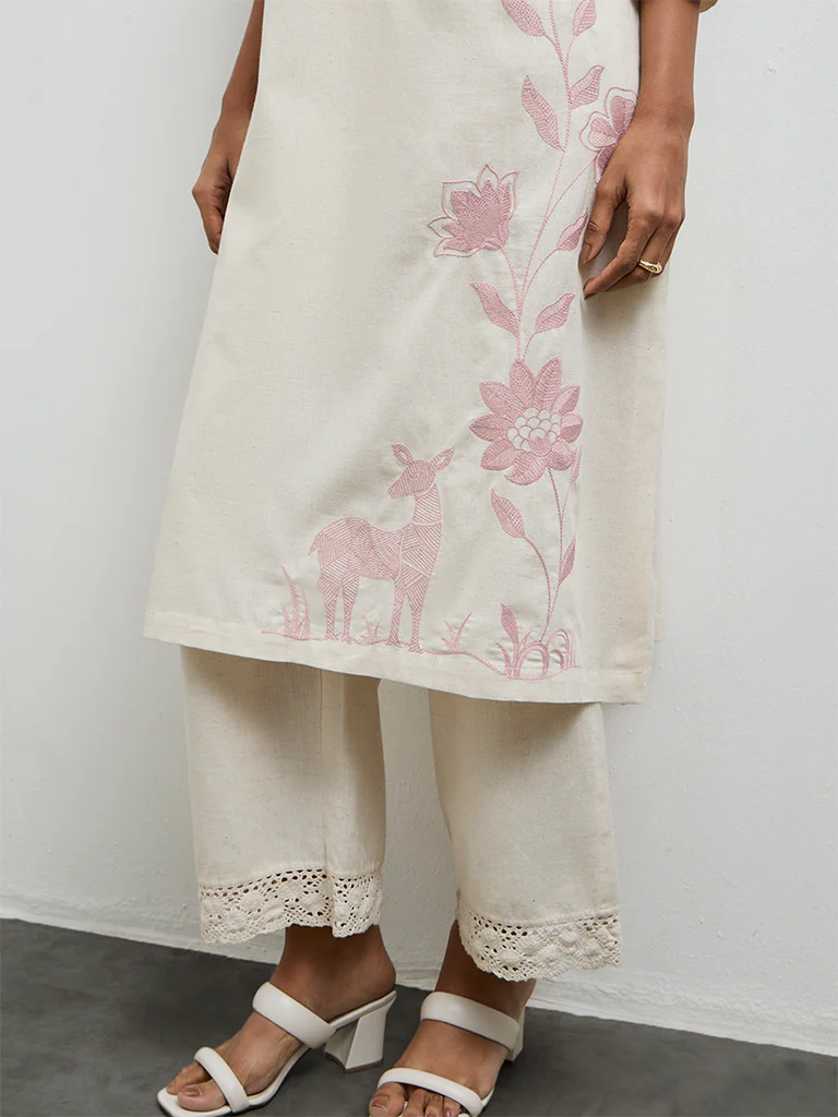 Utsa Off-White Floral Embroidered A-Line Cotton-Blend Kurta - Image 3