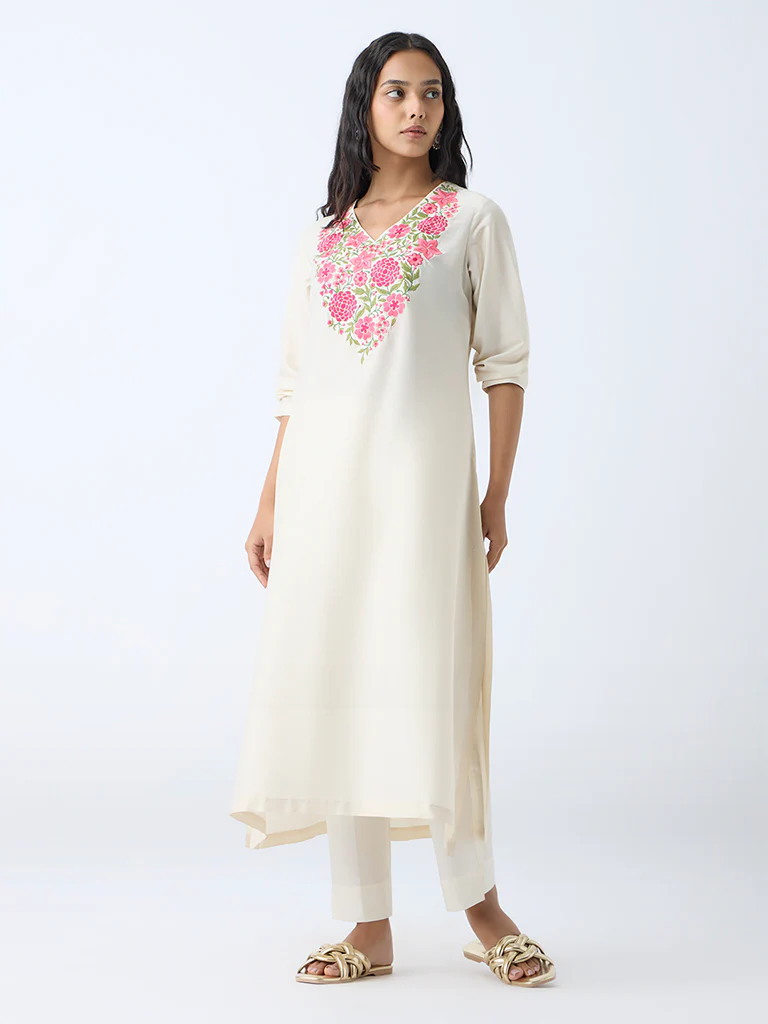 Utsa Off-White Floral Embroidered A-Line Kurta