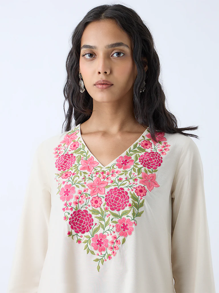 Utsa Off-White Floral Embroidered A-Line Kurta - Image 3