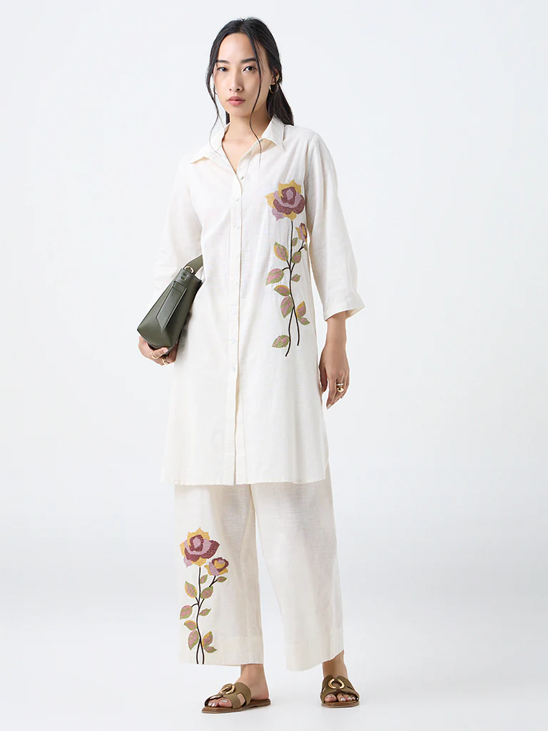 Utsa Off-White Floral Embroidered Cotton A-Line Kurta