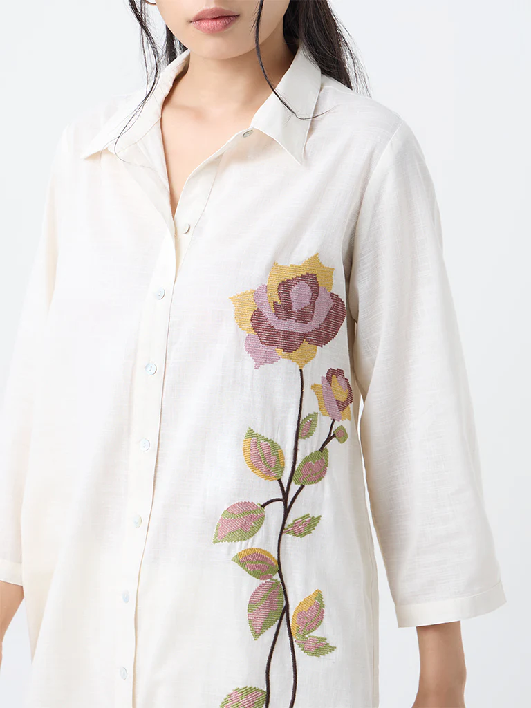 Utsa Off-White Floral Embroidered Cotton A-Line Kurta - Image 3