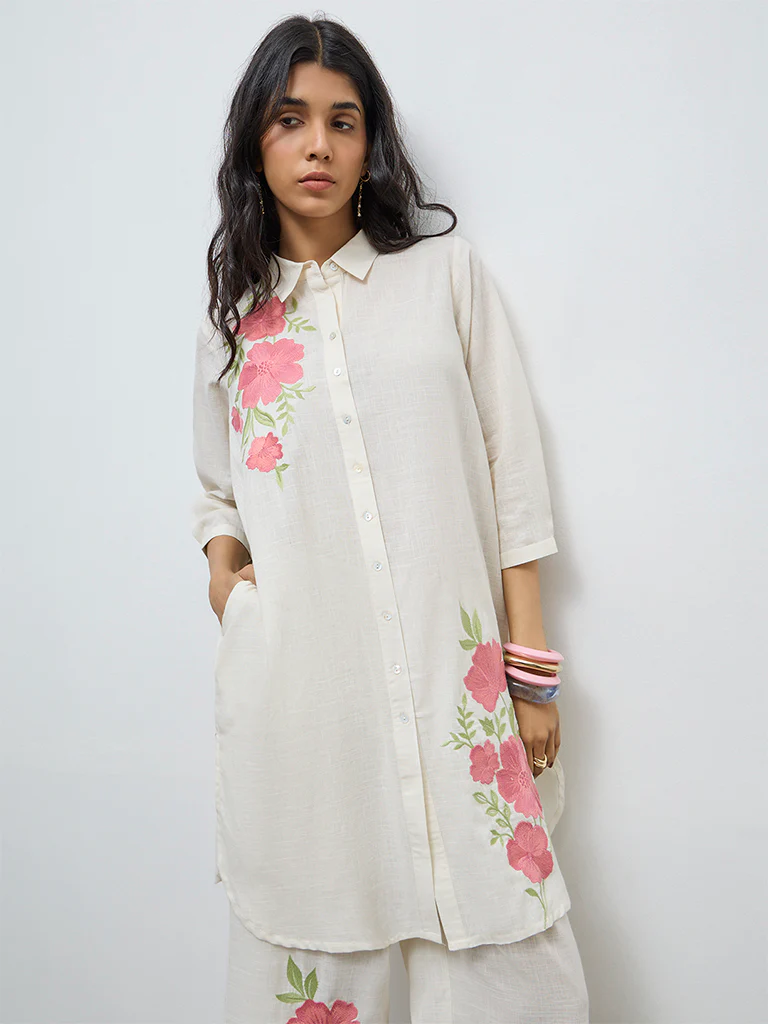 Utsa Off-White Floral Embroidered Cotton A-Line Kurta