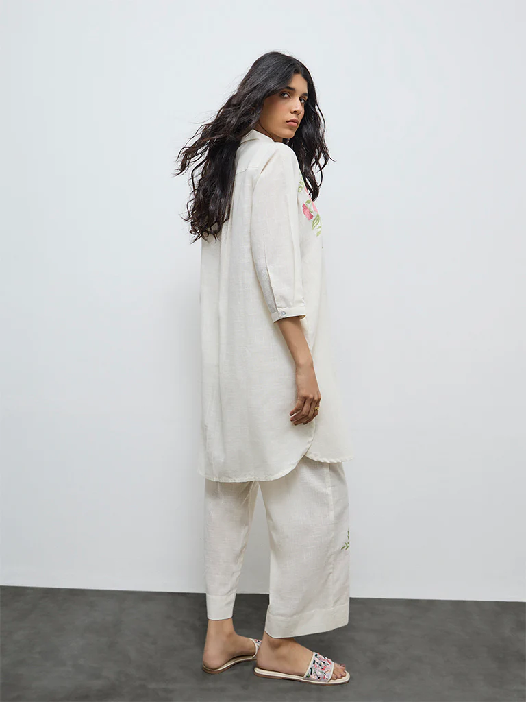Utsa Off-White Floral Embroidered Cotton A-Line Kurta - Image 4