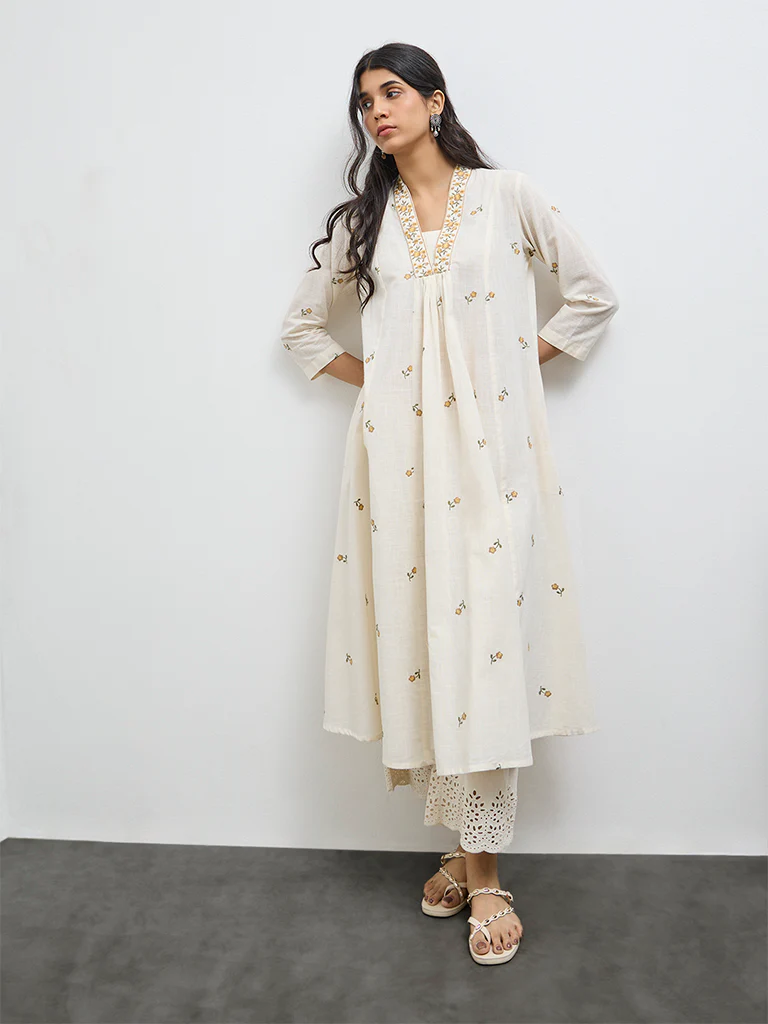Utsa Off-White Floral Embroidered Cotton A-Line Kurta