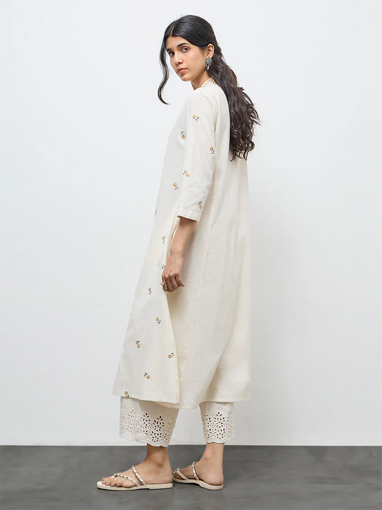 Utsa Off-White Floral Embroidered Cotton A-Line Kurta - Image 4
