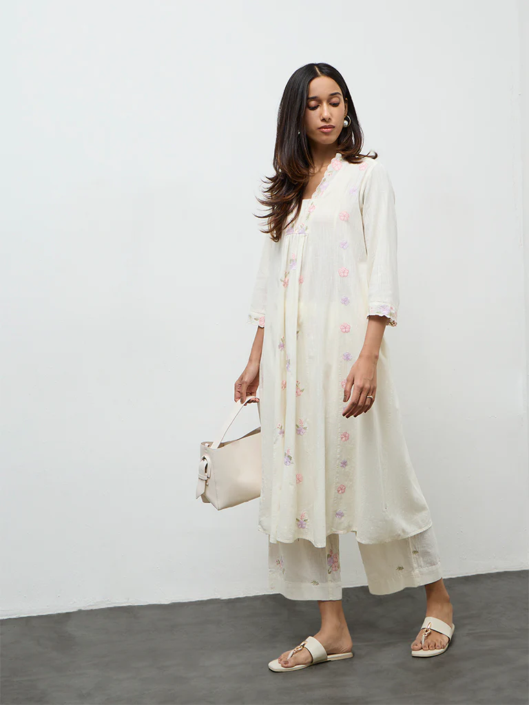 Utsa Off-White Floral Embroidered Cotton-Blend A-Line Kurta - Image 2