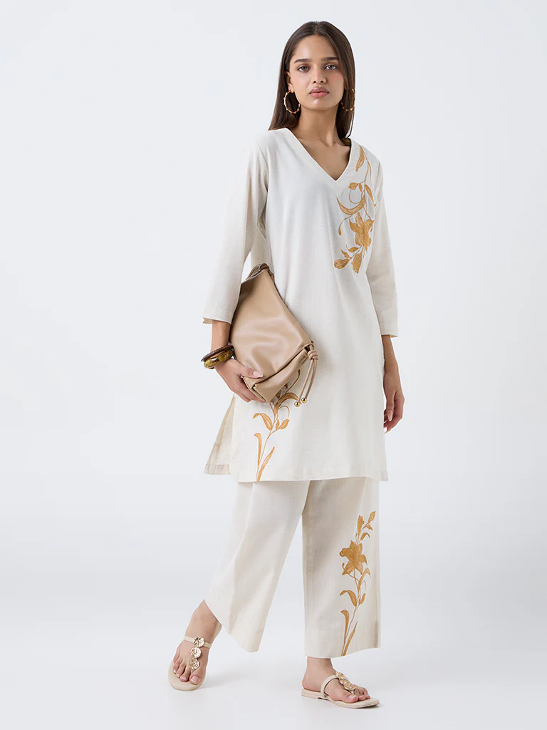 Utsa Off-White Floral Embroidered Cotton-Blend Pants - Image 2