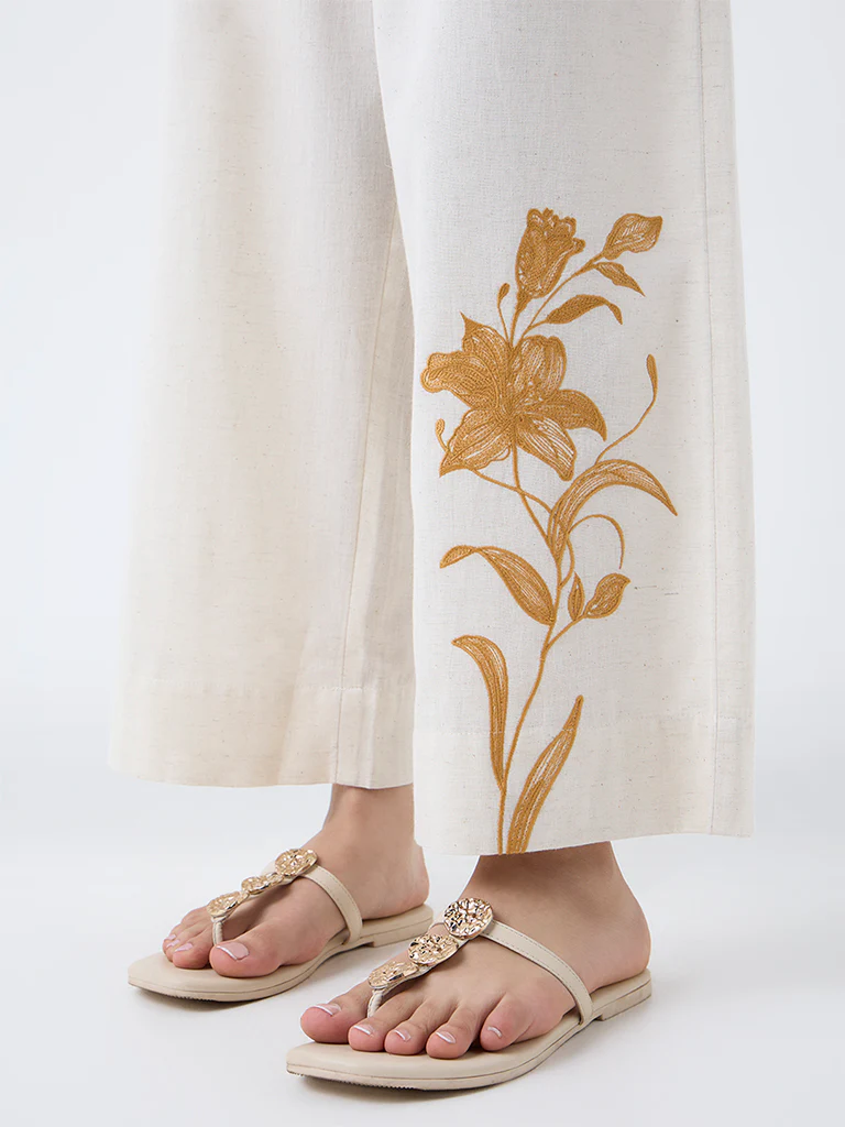 Utsa Off-White Floral Embroidered Cotton-Blend Pants - Image 3