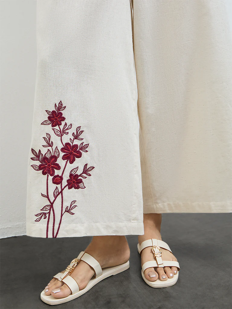 Utsa Off-White Floral Embroidered Cotton-Blend Pants - Image 3