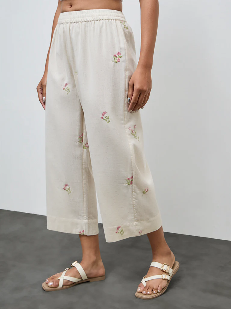 Utsa Off-White Floral Embroidered Cotton-Blend Pants