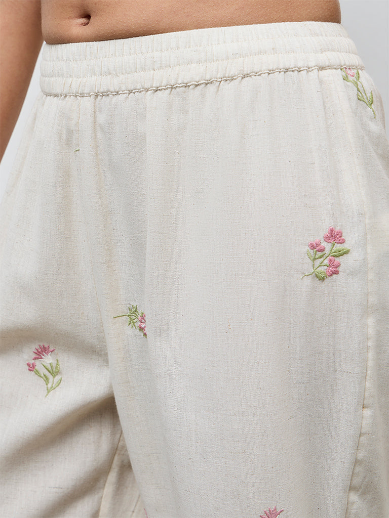 Utsa Off-White Floral Embroidered Cotton-Blend Pants - Image 3