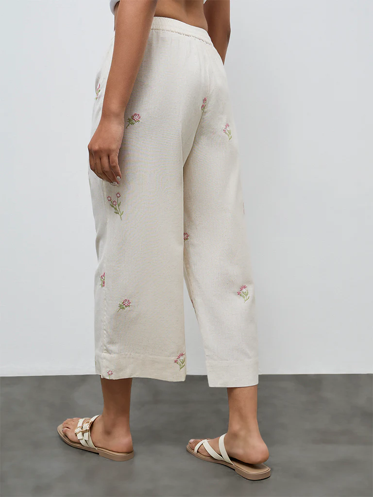 Utsa Off-White Floral Embroidered Cotton-Blend Pants - Image 4