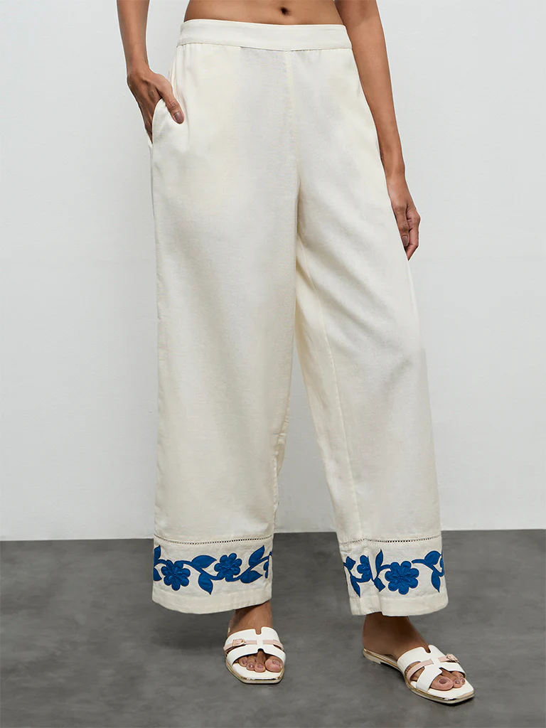 Utsa Off-White Floral Embroidered Cotton-Blend Pants