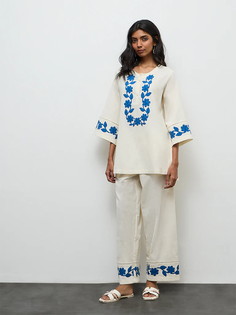 Utsa Off-White Floral Embroidered Cotton-Blend Pants - Image 2