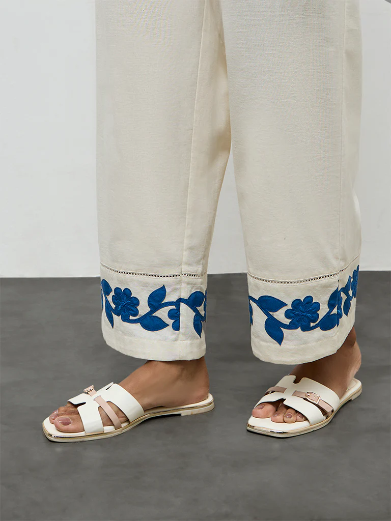 Utsa Off-White Floral Embroidered Cotton-Blend Pants - Image 3