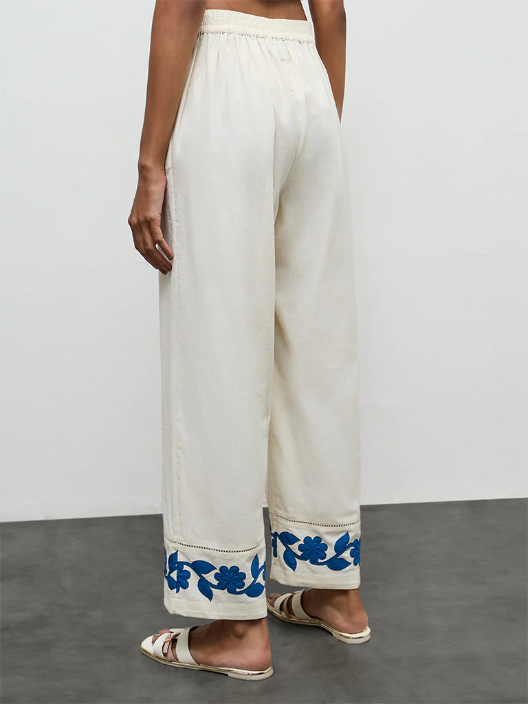 Utsa Off-White Floral Embroidered Cotton-Blend Pants - Image 4