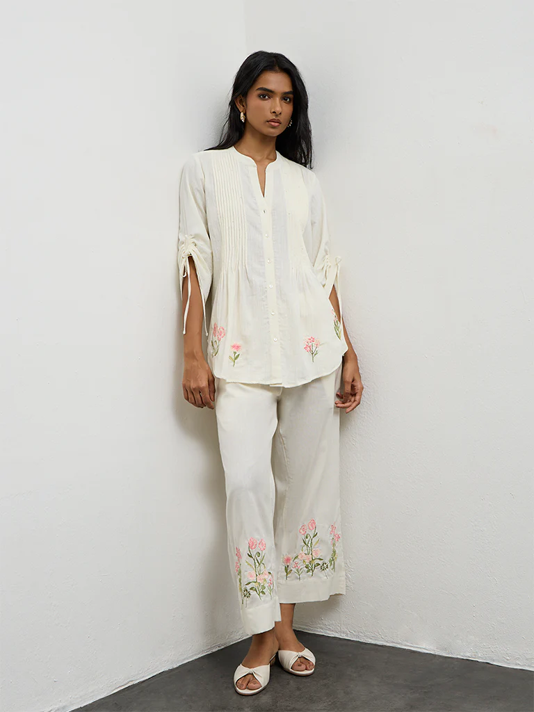 Utsa Off-White Floral Embroidered Cotton-Blend Pants - Image 2