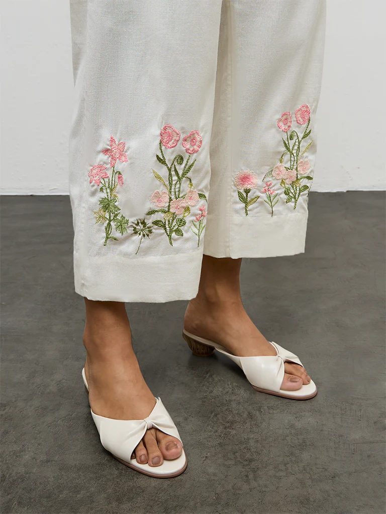 Utsa Off-White Floral Embroidered Cotton-Blend Pants - Image 3