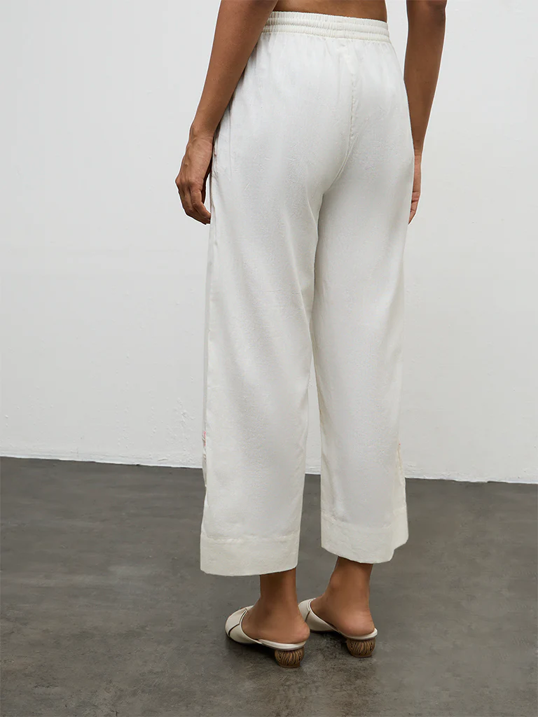 Utsa Off-White Floral Embroidered Cotton-Blend Pants - Image 4