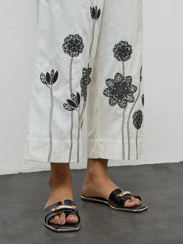 Utsa Off-White Floral Embroidered Cotton-Blend Pants - Image 3