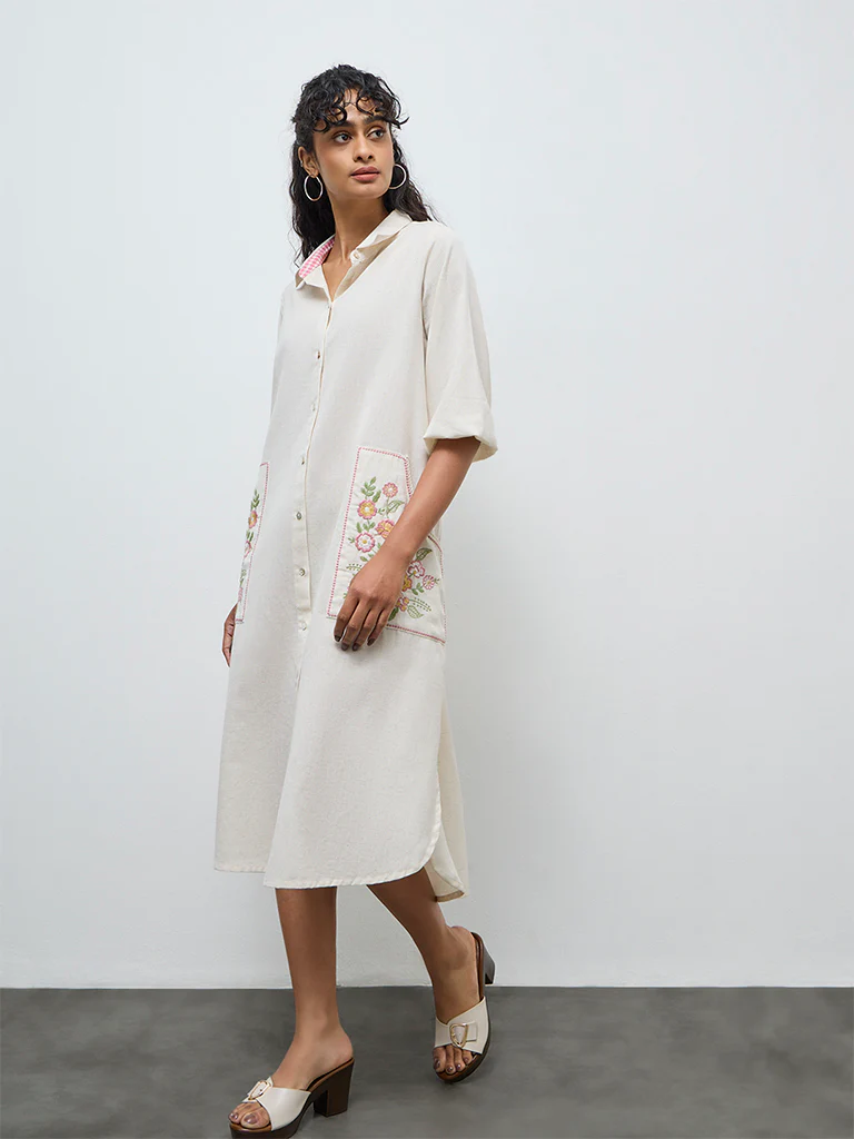 Utsa Off-White Floral Embroidered Cotton-Blend Shirt Dress - Image 2
