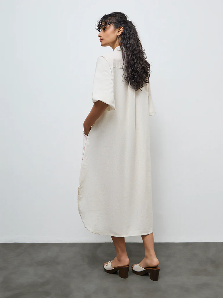 Utsa Off-White Floral Embroidered Cotton-Blend Shirt Dress - Image 4