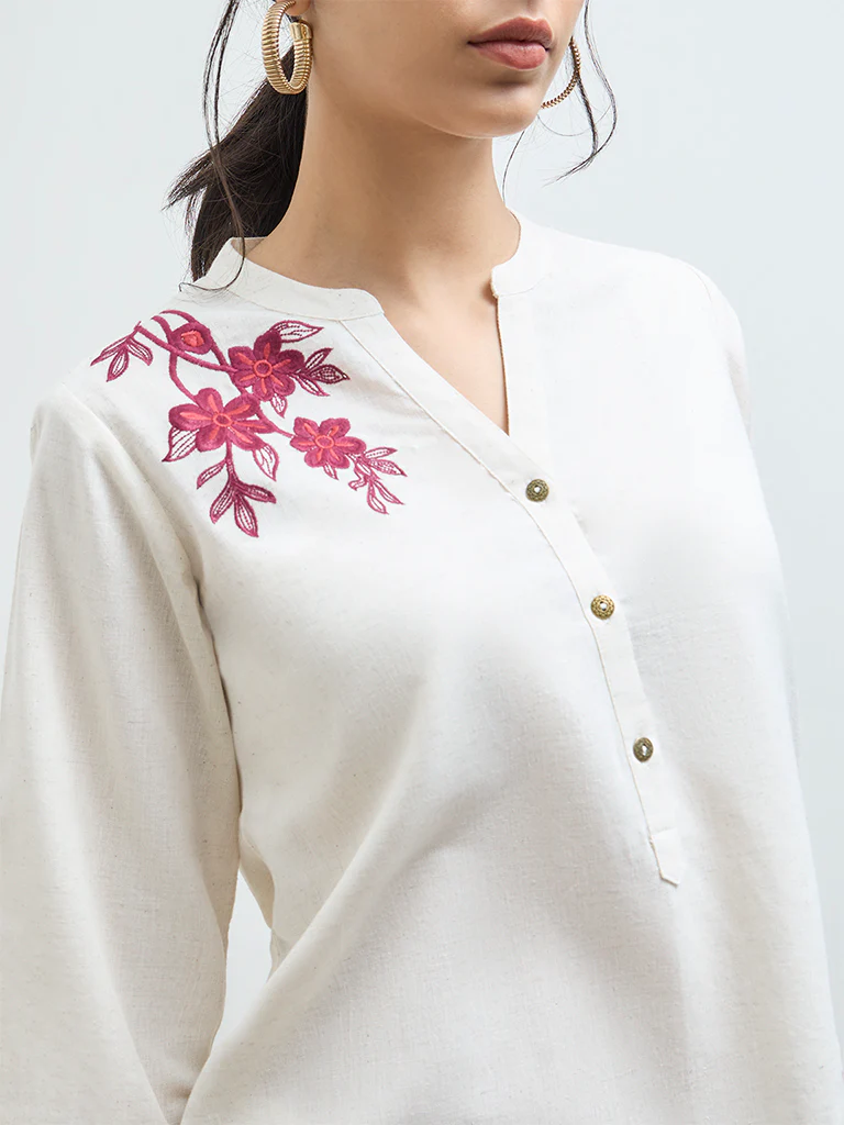 Utsa Off-White Floral Embroidered Cotton-Blend Tunic - Image 3