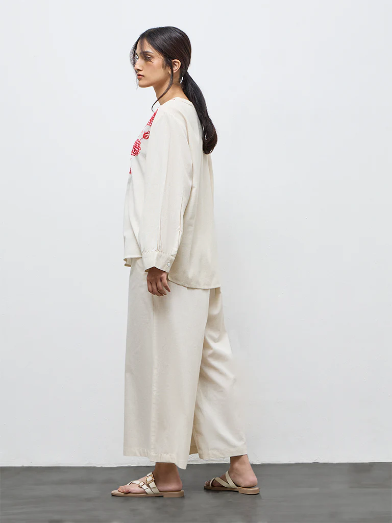Utsa Off-White Floral Embroidered Cotton-Blend Tunic - Image 4