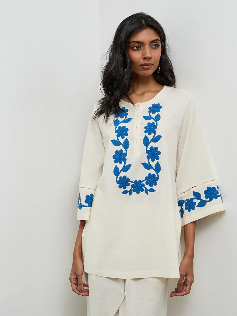 Utsa Off-White Floral Embroidered Cotton-Blend Tunic