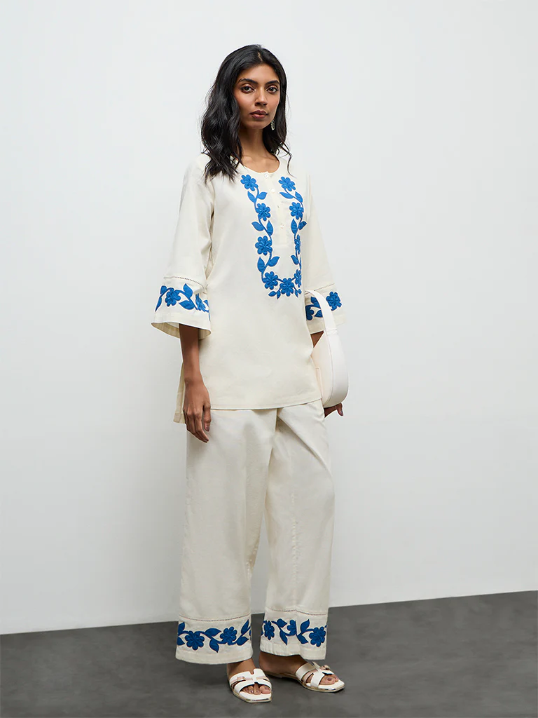 Utsa Off-White Floral Embroidered Cotton-Blend Tunic - Image 2