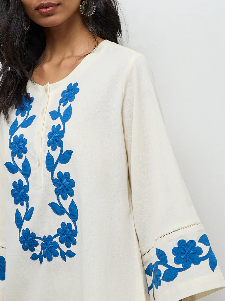 Utsa Off-White Floral Embroidered Cotton-Blend Tunic - Image 3