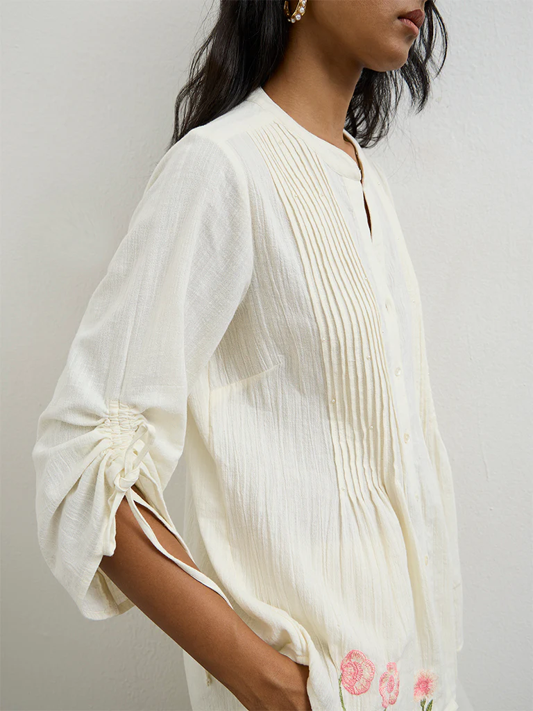 Utsa Off-White Floral Embroidered Cotton-Blend Tunic - Image 3