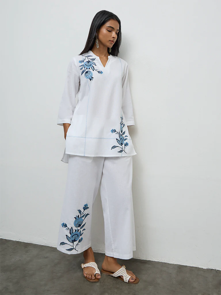 Utsa Off-White Floral Embroidered Cotton-Blend Tunic - Image 2
