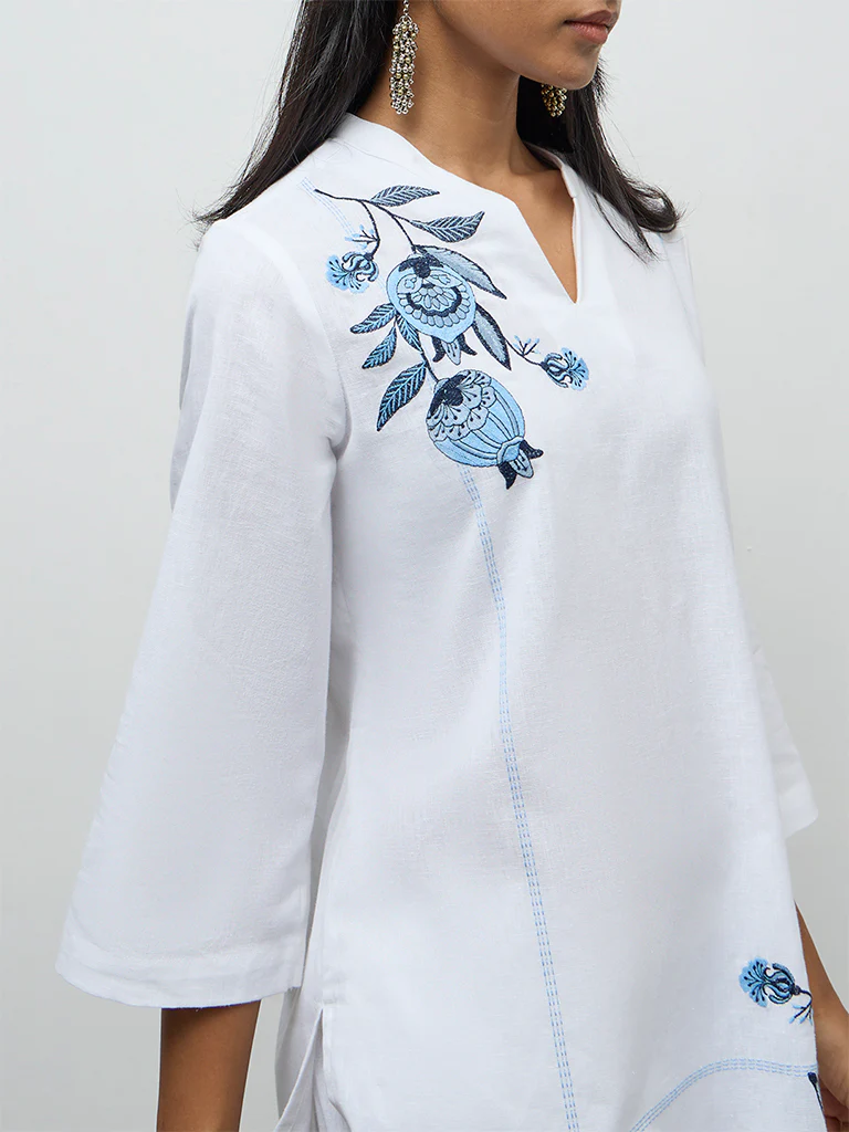 Utsa Off-White Floral Embroidered Cotton-Blend Tunic - Image 3